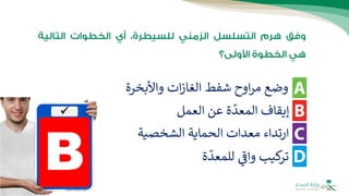 ‫واألبخرة‬ ‫ات‬‫ز‬‫الغا‬ ‫شفط‬ ‫اوح‬‫ر‬‫م‬ ‫وضع‬
‫العمل‬ ‫عن‬ ‫ة‬‫المعد‬ ‫إيقاف‬
‫ة‬‫للمعد‬ ‫واف‬ ‫كيب‬
‫تر‬
‫الشخصي‬ ‫الحماية‬ ‫معدات‬ ‫ارتداء‬
‫ة‬
 