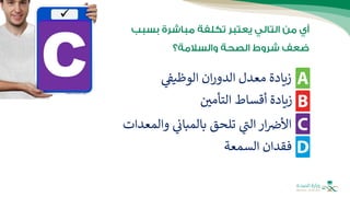 ‫الوظيف‬ ‫ان‬‫ر‬‫الدو‬ ‫معدل‬ ‫زيادة‬
‫التأمي‬ ‫أقساط‬ ‫زيادة‬
‫وال‬ ‫بالمبان‬ ‫تلحق‬ ‫الت‬ ‫ار‬‫األض‬
‫معدات‬
‫السمعة‬ ‫فقدان‬
 