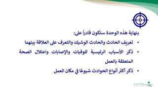 ‫بنهاية‬
‫هذه‬
‫الوحدة‬
‫س‬
‫ت‬
‫كون‬
‫قادر‬
‫ا‬
‫عل‬
:
•
‫تعريف‬
‫الحادث‬
‫والحادث‬
‫الوشيك‬
‫والتعرف‬
‫عل‬
‫العالقة‬
‫بي‬
‫نهما‬
•
‫ذكر‬
‫األسباب‬
‫الرئيسية‬
‫للوفيات‬
‫واإلصابات‬
‫واعتالل‬
‫الص‬
‫حة‬
‫المتعلقة‬
‫بالعمل‬
•
‫ذكر‬
‫أكب‬
‫أنواع‬
‫الحوادث‬
‫ا‬‫شيوع‬
‫ي‬
‫ف‬
‫مكان‬
‫العمل‬
 