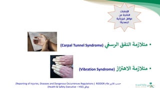 •
‫ي‬
‫الرسغ‬ ‫النفق‬ ‫متالزمة‬
(
Carpal Tunnel Syndrome
)
•
‫از‬ ‫ر‬
‫االهب‬ ‫متالزمة‬
(
Vibration Syndrome
)
‫نظام‬‫تقارير‬ ‫حسب‬
RIDDOR
(
Reporting of Injuries, Diseases and Dangerous Occurrences Regulations
)
‫ووفق‬
(
Health & Safety Executive – HSE
)
‫اإلصابات‬
‫عن‬ ‫الناتجة‬
‫فيزيائية‬ ‫عوامل‬
(
‫جسدية‬
)
 