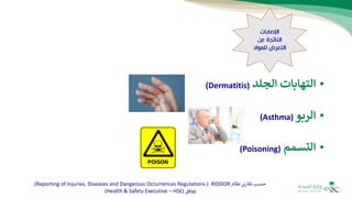 •
‫الجلد‬ ‫التهابات‬
(
Dermatitis
)
•
‫الربو‬
(Asthma)
•
‫التسمم‬
(
Poisoning
)
‫نظام‬‫تقارير‬ ‫حسب‬
RIDDOR
(
Reporting of Injuries, Diseases and Dangerous Occurrences Regulations
)
‫ووفق‬
(
Health & Safety Executive – HSE
)
‫اإلصابات‬
‫عن‬ ‫الناتجة‬
‫للمواد‬ ‫التعرض‬
 