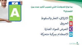 ‫والسقوط‬ ‫ر‬
‫التعث‬ ،‫االنزالق‬
‫الحروق‬
‫الضارة‬ ‫للمواد‬ ‫التعرض‬
‫كة‬
‫متحر‬ ‫كبة‬
‫بمر‬ ‫االصطدام‬
 