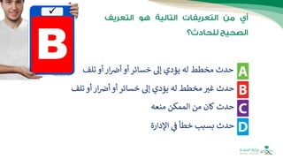 ‫تل‬ ‫أو‬‫ار‬‫أض‬ ‫أو‬ ‫خسائر‬ ‫إىل‬ ‫يؤدي‬ ‫له‬ ‫مخطط‬ ‫حدث‬
‫ف‬
‫حدث‬
‫مخطط‬‫غث‬
‫أو‬‫ار‬‫أض‬ ‫أو‬ ‫خسائر‬ ‫إىل‬ ‫يؤدي‬ ‫له‬
‫تل‬
‫ف‬
‫اإلدارة‬ ‫ف‬ ‫خطأ‬ ‫بسبب‬ ‫حدث‬
‫حدث‬
‫كان‬
‫من‬
‫الممكن‬
‫منع‬
‫ه‬
 