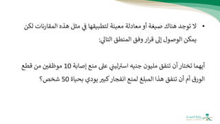 •
‫المقار‬ ‫هذه‬ ‫مثل‬ ‫ف‬ ‫لتطبيقها‬ ‫معينة‬ ‫معادلة‬ ‫أو‬ ‫صيغة‬ ‫هناك‬ ‫توجد‬ ‫ال‬
‫لكن‬ ‫نات‬
‫وفق‬ ‫ار‬‫ر‬‫ق‬ ‫إىل‬ ‫الوصول‬ ‫يمكن‬
‫التاىل‬ ‫المنطق‬
:
‫أن‬ ‫تختار‬ ‫أيهما‬
‫ت‬
‫مليون‬ ‫نفق‬
‫جنيه‬
‫ليت‬‫اسث‬
‫عىل‬
‫منع‬
‫إصابة‬
10
‫موظفي‬
‫قطع‬ ‫من‬
‫بحياة‬ ‫يودي‬‫كبث‬‫انفجار‬ ‫لمنع‬ ‫المبلغ‬ ‫هذا‬ ‫تنفق‬ ‫أن‬ ‫أم‬ ‫الورق‬
50
‫شخص؟‬
 