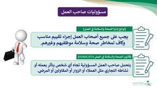 ‫صاحب‬ ‫مسؤوليات‬
‫العمل‬
‫بع‬ ‫يتأثر‬ ‫شخص‬ ‫أي‬ ‫تجاه‬ ‫المسؤولية‬ ‫العمل‬ ‫صاحب‬ ‫يتحمل‬
‫أو‬ ‫مله‬
‫المقاولي‬ ‫أو‬ ‫الزوار‬ ‫أو‬ ‫العمالء‬ ‫مثل‬ ‫التجاري‬ ‫نشاطه‬
‫أو‬
‫المرض‬
.
‫مناسب‬ ‫تقييم‬ ‫اء‬‫ر‬‫إج‬ ‫العمل‬ ‫أصحاب‬ ‫جميع‬ ‫عل‬ ‫يجب‬
‫لمخاطر‬ ‫وكاف‬
‫هم‬‫وغب‬ ‫موظفيهم‬ ‫وسالمة‬ ‫صحة‬
.
(
‫العمل‬ ‫ي‬
‫ف‬ ‫والسالمة‬ ‫الصحة‬ ‫إدارة‬ ‫لوائح‬
)
(
‫الصحة‬ ‫قانون‬
‫ي‬
‫ف‬ ‫والسالمة‬
‫العمل‬
HSWA1974
)
 