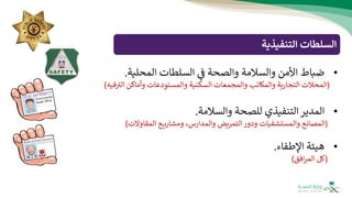 ‫التنفيذية‬ ‫السلطات‬
•
‫ضباط‬
‫األمن‬
‫والسالمة‬
‫والصحة‬
‫ف‬
‫السلطات‬
‫المحلية‬
.
(
‫المحالت‬
‫التجارية‬
‫والمكاتب‬
‫والمجمعات‬
‫السكنية‬
‫والمستودعات‬
‫وأماكن‬
‫ف‬‫الث‬
‫يه‬
)
•
‫المدير‬
‫التنفيذي‬
‫للصحة‬
‫والسالمة‬
.
(
‫المصانع‬
‫والمستشفيات‬
‫ودور‬
‫التمريض‬
،‫والمدارس‬
‫ع‬ ‫ومشاري‬
‫المقاوالت‬
)
•
‫هيئة‬
‫اإلطفاء‬
.
(
‫كل‬
‫افق‬‫ر‬‫الم‬
)
 