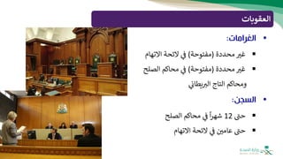 ‫العقوبات‬
•
‫الغرامات‬
:
▪
‫غث‬
‫محددة‬
(
‫مفتوحة‬
)
‫ف‬
‫الئحة‬
‫االتهام‬
▪
‫غث‬
‫محددة‬
(
‫مفتوحة‬
)
‫ف‬
‫محاكم‬
‫الصلح‬
‫ومحاكم‬
‫التاج‬
‫يطان‬‫الث‬
•
‫السجن‬
:
▪
‫حت‬
12
ً
‫ا‬‫ر‬‫شه‬
‫ف‬
‫محاكم‬
‫الصلح‬
▪
‫حت‬
‫عامي‬
‫ف‬
‫الئحة‬
‫االتهام‬
 