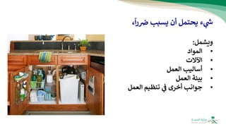 ،‫ا‬‫ر‬‫ض‬ ‫يسبب‬ ‫أن‬ ‫يحتمل‬ ‫ء‬ ‫ي‬
‫ر‬
‫ش‬
‫ويشمل‬
:
•
‫المواد‬
•
‫ا‬
‫آل‬
‫الت‬
•
‫العمل‬ ‫أساليب‬
•
‫العمل‬ ‫بيئة‬
•
‫جوانب‬
‫ي‬
‫ف‬ ‫أخرى‬
‫العمل‬ ‫تنظيم‬
 