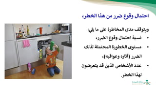 ،‫الخطر‬ ‫هذا‬ ‫من‬ ‫ر‬‫ض‬ ‫وقوع‬ ‫احتمال‬
‫ي‬
‫يل‬ ‫ما‬ ‫عل‬ ‫المخاطرة‬ ‫مدى‬ ‫ويتوقف‬
:
•
‫نسبة‬
‫ر‬‫الض‬ ‫وقوع‬ ‫احتمال‬
،
•
‫مستوى‬
‫لذلك‬ ‫المحتملة‬ ‫الخطورة‬
‫ر‬‫الض‬
(
‫وعواقبه‬ ‫آثاره‬
)
،
•
‫يتعرضون‬ ‫قد‬ ‫الذين‬ ‫األشخاص‬ ‫عدد‬
‫الخطر‬ ‫لهذا‬
.
 