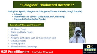 HSE Practitioners- YouTube Channel HSE Practitioners
“Biological” “biohazard Hazards??
Biological Agents, allergens or Pathogens (Viruses Bacterial, Fungi, Parasite)
• Inhaled
• Transmitted via contact (Body fluids, Skin, Breathing)
• Ingested (Contaminated Foods)
• Mold and Fungi
• Blood and Body Fluids
• Sewage
• Airborne pathogens such as the common cold
• Stinging insects
• Harmful plants
• Animal and Bird Droppings
Examples of “Biological” Hazards??
 
