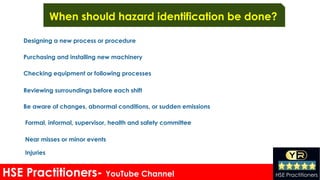 HSE Practitioners- YouTube Channel HSE Practitioners
When should hazard identification be done?
Designing a new process or procedure
Purchasing and installing new machinery
Checking equipment or following processes
Reviewing surroundings before each shift
Be aware of changes, abnormal conditions, or sudden emissions
Formal, informal, supervisor, health and safety committee
Near misses or minor events
Injuries
 