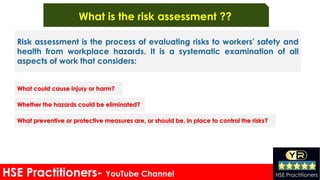 HSE Practitioners- YouTube Channel HSE Practitioners
What is the risk assessment ??
What could cause injury or harm?
Whether the hazards could be eliminated?
Risk assessment is the process of evaluating risks to workers' safety and
health from workplace hazards. It is a systematic examination of all
aspects of work that considers:
What preventive or protective measures are, or should be, in place to control the risks?
 