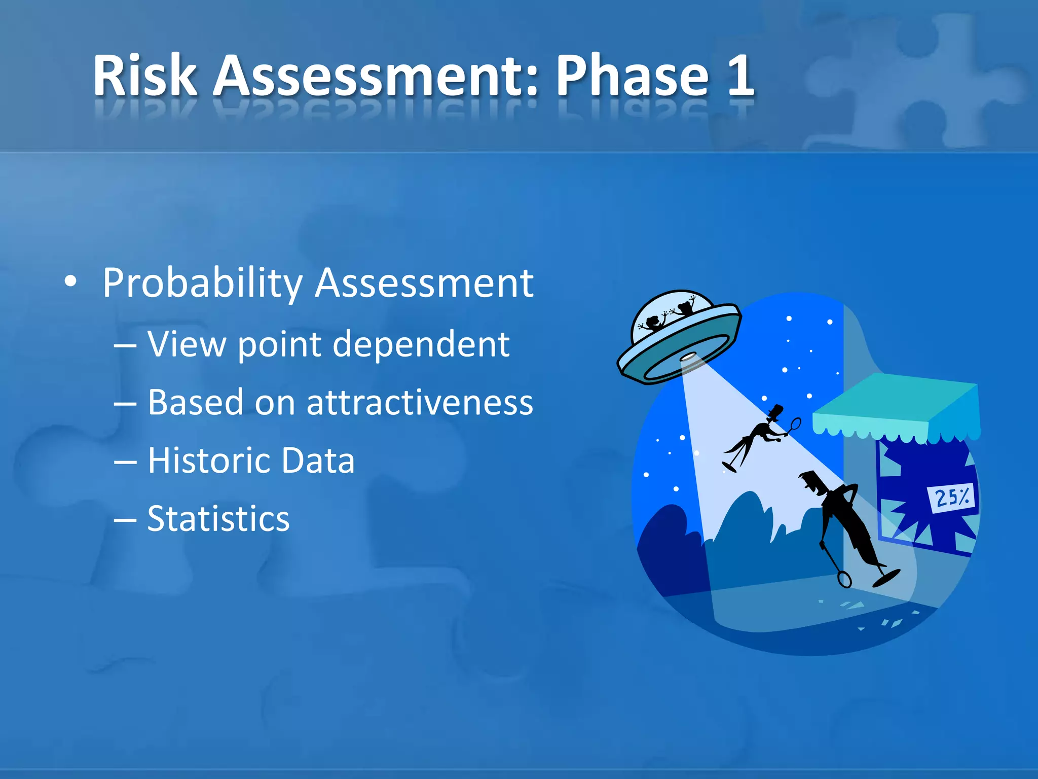 Risk Assessment: Phase 1
• Probability Assessment
– View point dependent
– Based on attractiveness
– Historic Data
– Statistics
 