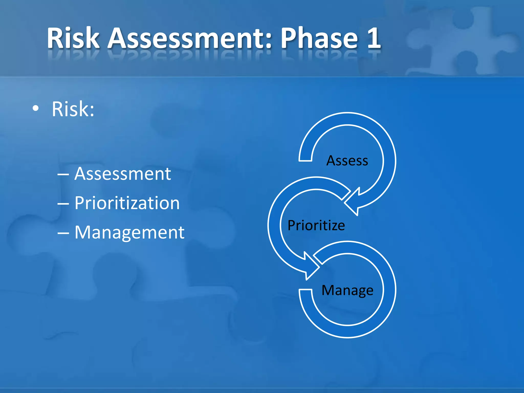 Risk Assessment: Phase 1
• Risk:
– Assessment
– Prioritization
– Management
Assess
Prioritize
Manage
 