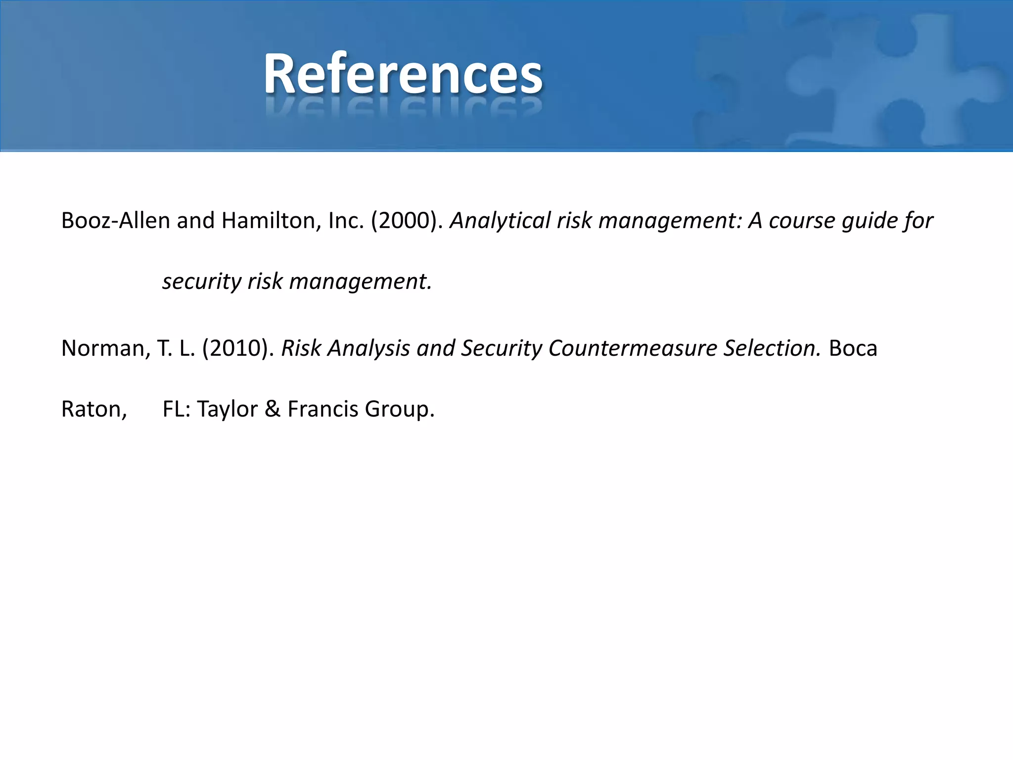 References
Booz-Allen and Hamilton, Inc. (2000). Analytical risk management: A course guide for
security risk management.
Norman, T. L. (2010). Risk Analysis and Security Countermeasure Selection. Boca
Raton, FL: Taylor & Francis Group.
 