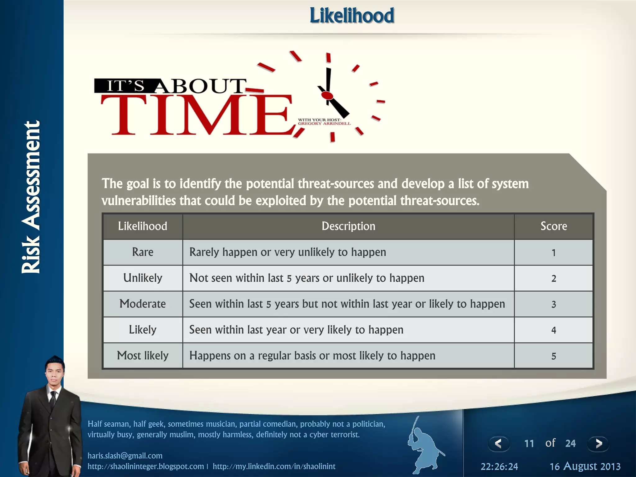 11 of 24
Half seaman, half geek, sometimes musician, partial comedian, probably not a politician,
virtually busy, generally muslim, mostly harmless, definitely not a cyber terrorist.
haris.slash@gmail.com
http://shaolininteger.blogspot.com | http://my.linkedin.com/in/shaolinint 16 August 201322:26:24
Likelihood
The goal is to identify the potential threat-sources and develop a list of system
vulnerabilities that could be exploited by the potential threat-sources.
RiskAssessment
Likelihood Description Score
Rare Rarely happen or very unlikely to happen 1
Unlikely Not seen within last 5 years or unlikely to happen 2
Moderate Seen within last 5 years but not within last year or likely to happen 3
Likely Seen within last year or very likely to happen 4
Most likely Happens on a regular basis or most likely to happen 5
 