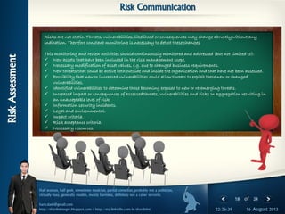 18 of 24
Half seaman, half geek, sometimes musician, partial comedian, probably not a politician,
virtually busy, generally muslim, mostly harmless, definitely not a cyber terrorist.
haris.slash@gmail.com
http://shaolininteger.blogspot.com | http://my.linkedin.com/in/shaolinint 16 August 201322:26:39
RiskAssessment
Risk Communication
Risks are not static. Threats, vulnerabilities, likelihood or consequences may change abruptly without any
indication. Therefore constant monitoring is necessary to detect these changes
This monitoring and review activities should continuously monitored and addressed (but not limited to):
 New assets that have been included in the risk management scope.
 Necessary modification of asset values, e.g. due to changed business requirements.
 New threats that could be active both outside and inside the organization and that have not been assessed.
 Possibility that new or increased vulnerabilities could allow threats to exploit these new or changed
vulnerabilities.
 Identified vulnerabilities to determine those becoming exposed to new or re-emerging threats.
 Increased impact or consequences of assessed threats, vulnerabilities and risks In aggregation resulting in
an unacceptable level of risk
 Information security incidents.
 Legal and environmental.
 Impact criteria.
 Risk acceptance criteria.
 Necessary resources.
 