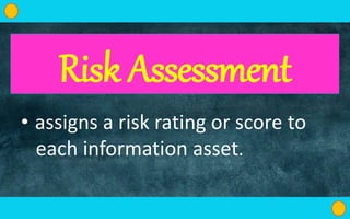 Risk Assessment
• assigns a risk rating or score to
each information asset.
 