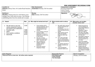 RISK ASSESSMENT RECORDING FORM
Location or
Address:Subway Store: 64 London Road Stockton
Heath.
Date Assessment
Undertaken:Monday 25th November
Assessment undertaken
By:Elisa Narborough
Jacob Chisnall
Tom Kenwright
Activity or
Situation: Filming interview with Subway store
manager Dave Jones and cut aways. Also filming
establishing shots from the outside and vox pops.
Review
Date:Monday 25th November
Signature:
(1) Hazard Risk (2) Who might be harmed and how? (3) What controls exist to reduce
risk
(4) What action can be taken
tofurther reduce risk?
We will need to carry the
camera equipment (camera
and tripod) to the destination.
Possible traffic
Stairs
Poor weather conditions
Electricals
1A1B
1A2B
2A1B
1A1B
2A1B
Crew members will be
carrying equipment, risk of
damaging equipment or
causing strain to crew
member.
Crew members could get
harmed in traffic,
especially if it is due to a
driving error as that is out
of their hands.
May fall if carrying
equipment up and down
stairs –restricted view.
May be effected by
weather conditions,
possible harm to
equipment.
Electricals could be
dangerous if faulty.
Be careful when carrying
camera equipment and
be aware of
surroundings. Also don’t
carry more than you can
handle.
Being cautious around
traffic and sensible
behaviour when near
traffic.
Don’t carry more than
you can handle whilst
going up and downstairs,
make sure that stairs are
clear.
Re-organise interview if
weather conditions are
harmful.
Check all electrical
equipment before use.
Share the amount of
carrying between the
group (swap halfway to
and from the
destination). Stop to
rest if you need to.
Use basic road safety
(using traffic lights etc)
and stay alert.
Get people to keep the
stairways clear whilst
moving equipment up
and down.
Look at the weather
before hand and make
sure that there are no
weather warnings.
Double check all
electrical equipment, if
anything is found faulty,
fix or dispose of straight
away.
Action Required Responsible Persons Date for Completion
They are all low or trivial risk. No further action required. Elisa Narborough
Jacob Chisnall
Tom Kenwright
Monday 25th November
 