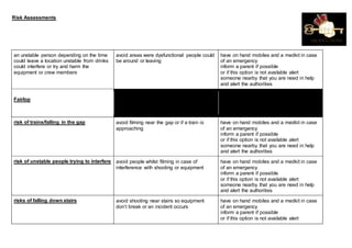 Risk Assessments
an unstable person depending on the time
could leave a location unstable from drinks
could interfere or try and harm the
equipment or crew members
avoid areas were dysfunctional people could
be around or leaving
have on hand mobiles and a medkit in case
of an emergency
inform a parent if possible
or if this option is not available alert
someone nearby that you are need in help
and alert the authorities
Fairlop
risk of trains/falling in the gap avoid filming near the gap or if a train is
approaching
have on hand mobiles and a medkit in case
of an emergency
inform a parent if possible
or if this option is not available alert
someone nearby that you are need in help
and alert the authorities
risk of unstable people trying to interfere avoid people whilst filming in case of
interference with shooting or equipment
have on hand mobiles and a medkit in case
of an emergency
inform a parent if possible
or if this option is not available alert
someone nearby that you are need in help
and alert the authorities
risks of falling down stairs avoid shooting near stairs so equipment
don’t break or an incident occurs
have on hand mobiles and a medkit in case
of an emergency
inform a parent if possible
or if this option is not available alert
 