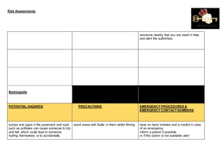 Risk Assessments
someone nearby that you are need in help
and alert the authorities
Barkingside
POTENTIAL HAZARDS PRECAUTIONS EMERGENCY PROCEDURES &
EMERGENCY CONTACT NUMBERS
bumps and gaps in the pavement and road
such as potholes can cause someone to trip
and fall, which could lead to someone
hurting themselves or to accidentally
avoid areas with faults in them whilst filming have on hand mobiles and a medkit in case
of an emergency
inform a parent if possible
or if this option is not available alert
 