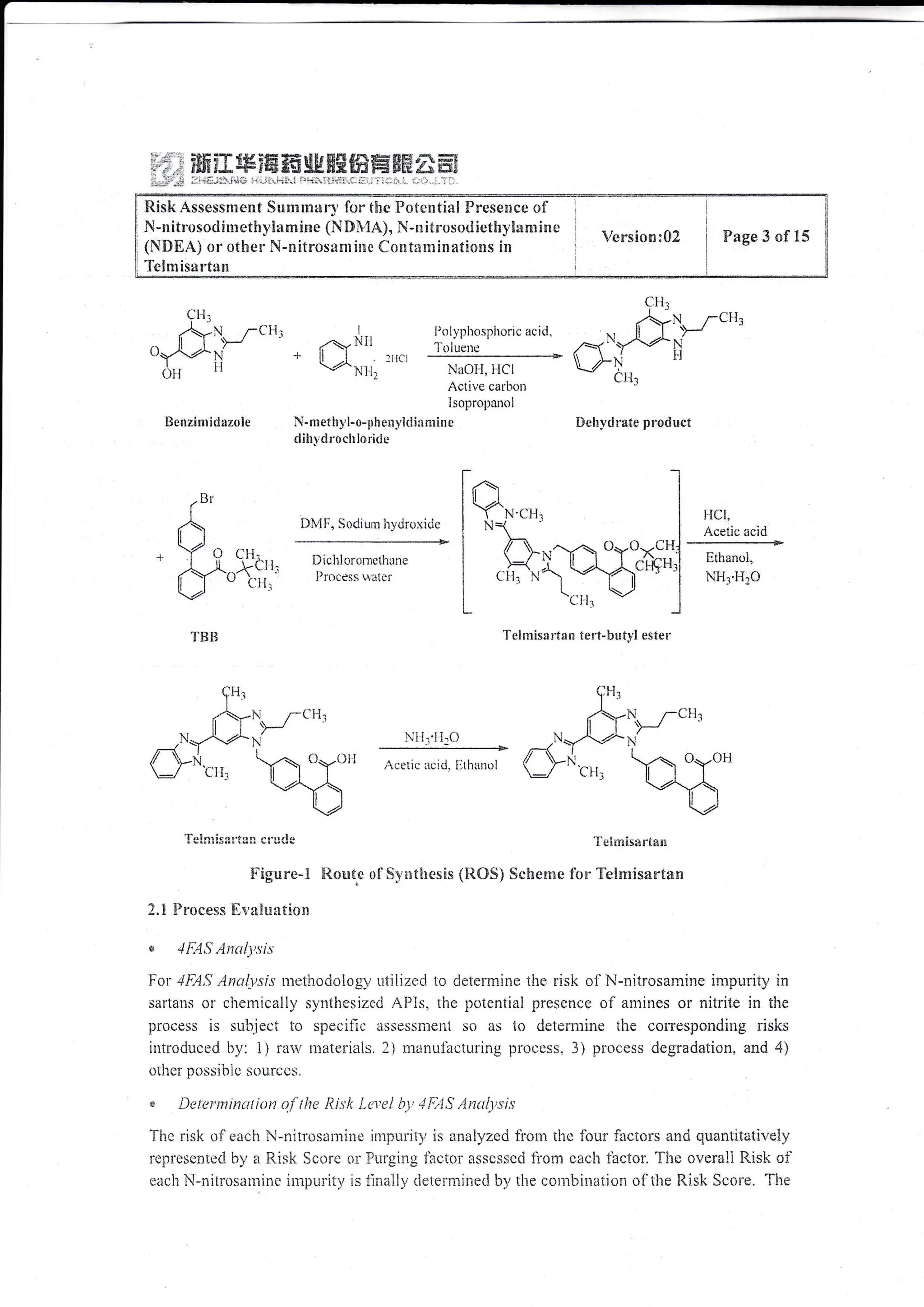 :t6 E? **{ :fa ffi eq Er #fi Eia ffi *Fi n:a ffi
6giE il* &f- jE# AIJ:ilE- EdE E},'3 ffi SEg i: ffii
Risk Assess*rerlf Sun?fir*ra' for tEre Poter.itiitI Frese*ce of
N-n itrosori inrethy la m ir.!e (N $h'IA), Fi-n itros<id ietl:yln r:r !m e
(n*tr)EAi or othcr N-*itrosilnri*c Coaltam!na€ions !m
Telnr is*rt* n
Vsrsiom:02 Fage 3 of i5
LIll
,-N rctlr
iI I J'
0oA4r'
t'rir ll
lletzint idazole
l'oll,pltosphoric acid.
l-oluene
clli
6:':..--rclt,
^=.
N""/zL x'
(/i.r
 zz-N
/-t t
L,t tl
9)ehydrate product
i
. 'll
rll I
V,r*tt tilfi
2 NaOI{, ijCi
Actii,e carbon
Isopropirnol
li-methS'l-o-phr'lr.i'ki!liliin e
clilr5'cl1n.1,1o,'Ut'
DiU F, S odi unr lryciroxidc
L,il, , , [)i;ltlurt,tttcrlr.rrre
,-/-L il-1
U itt. l'l(rccssir[(l
)-cF{.
cku,
t-tct,
Acelic acid
Ethanoi,
NH1.ll'G
'I'fit} Tei rnisa rtam ter!-bu i,vl ester'
Nlir'H.c)
,lcetic acid. l:thanol
Tol"rica'.+."-
^-",I- s glri!lsiir[alx
Figure-t 5t+ute ofl Sve:{Elesis (tt{}S) Sctte:*c ior ?eh*isartan
] B llrrrcose iitllrrr+fir'
-. " "...""....111
e 1l;AS Atluljt.sl,t'
lor .il.A, Anuly.sis methodoiogv utiiizeci to determine the risk" of'N-nitrosarnine impurity in
sartans or chemicall,v synthesized rPis, the poiential presence ol anrines or nitrite in tire
ilrocess is sr,rb.jecl to specitlc assess*r€ilt so as 1o deten^rrine ihe cor-responding risks
intro<Juced by: i) ral rr:aleLials.2) manulircturing illocL:ss,3) plocess degradation. and 4)
oihcr possiirlc strurees,
u L)aterminuliotl oi tire lii.tk !tr,e i L'.' -{fi|5 iinul.ysis
Tlrc lisk t:{'eactr N-r:ir,r'osanriilc inrllLriii-/ is anaiyzeri f}om ti:c ibur inctcrs ard quantiletiveiy
:'eirrcscni*cl by a R!si< Scr.rrc or'?rirging factol asscssccl fi'o:n cacil iacior" Ti:c cverali F.isk af'
each N-i:it!'osa*iinr in-ipui"il;, is ii:raily rietelinined b),the coljrlliilaiio* of'tl:e Risk Score. Thr
.- z
,'I
t(rir.,
i
l
 