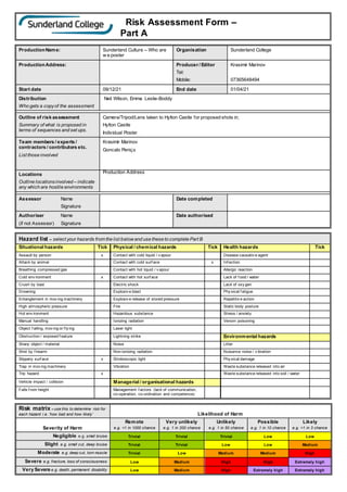 Risk Assessment Form –
Part A
ProductionName: Sunderland Culture – Who are
w e poster
Organisation Sunderland College
ProductionAddress: Producer / Editor
Tel:
Mobile:
Krasimir Marinov
07365648494
Start date 09/12/21 End date 01/04/21
Distribution
Who gets a copyof the assessment
Neil Wilson, Emma Leslie-Boddy
Outline of risk assessment
Summary of what is proposed in
terms of sequences and set ups.
Camera/Tripod/Lens taken to Hylton Castle for proposed shots in;
Hylton Castle
Individual Poster
Team members / experts /
contractors / contributors etc.
List those involved
Krasimir Marinov
Goncalo Peniça
Locations
Outline locationsinvolved – indicate
any which are hostile environments
Production Address
Assessor Name
Signature
Date completed
Authoriser Name
(if not Assessor) Signature
Date authorised
Hazard list – select your hazards from the list belowand use these to complete Part B
Situational hazards Tick Physical / chemical hazards Tick Health hazards Tick
Assault by person x Contact with cold liquid / v apour Disease causativ e agent
Attack by animal Contact with cold surf ace x Inf ection
Breathing compressed gas Contact with hot liquid / v apour Allergic reaction
Cold env ironment x Contact with hot surf ace Lack of f ood / water
Crush by load Electric shock Lack of oxy gen
Drowning Explosiv e blast Phy sical f atigue
Entanglement in mov ing machinery Explosiv e release of stored pressure Repetitiv e action
High atmospheric pressure Fire Static body posture
Hot env ironment Hazardous substance Stress / anxiety
Manual handling Ionizing radiation Venom poisoning
Object f alling, mov ing or f ly ing Laser light
Obstruction / exposed f eature Lightning strike Environmental hazards
Sharp object / material Noise Litter
Shot by f irearm Non-ionizing radiation Nuisance noise / v ibration
Slippery surf ace x Stroboscopic light Phy sical damage
Trap in mov ing machinery Vibration Waste substance released into air
Trip hazard x Waste substance released into soil / water
Vehicle impact / collision Managerial / organisational hazards
Falls f rom height Management f actors (lack of communication,
co-operation, co-ordination and competence)
Risk matrix – use this to determine risk for
each hazard i.e. ‘how bad and how likely’ Likelihood of Harm
Severity of Harm
Remote
e.g. <1 in 1000 chance
Very unlikely
e.g. 1 in 200 chance
Unlikely
e.g. 1 in 50 chance
Possible
e.g. 1 in 10 chance
Likely
e.g. >1 in 3 chance
Negligible e.g. small bruise Trivial Trivial Trivial Low Low
Slight e.g. small cut, deep bruise Trivial Trivial Low Low Medium
Moderate e.g. deep cut, torn muscle Trivial Low Medium Medium High
Severe e.g. fracture, loss of consciousness Low Medium High High Extremely high
Very Severe e.g. death, permanent disability Low Medium High Extremely high Extremely high
 