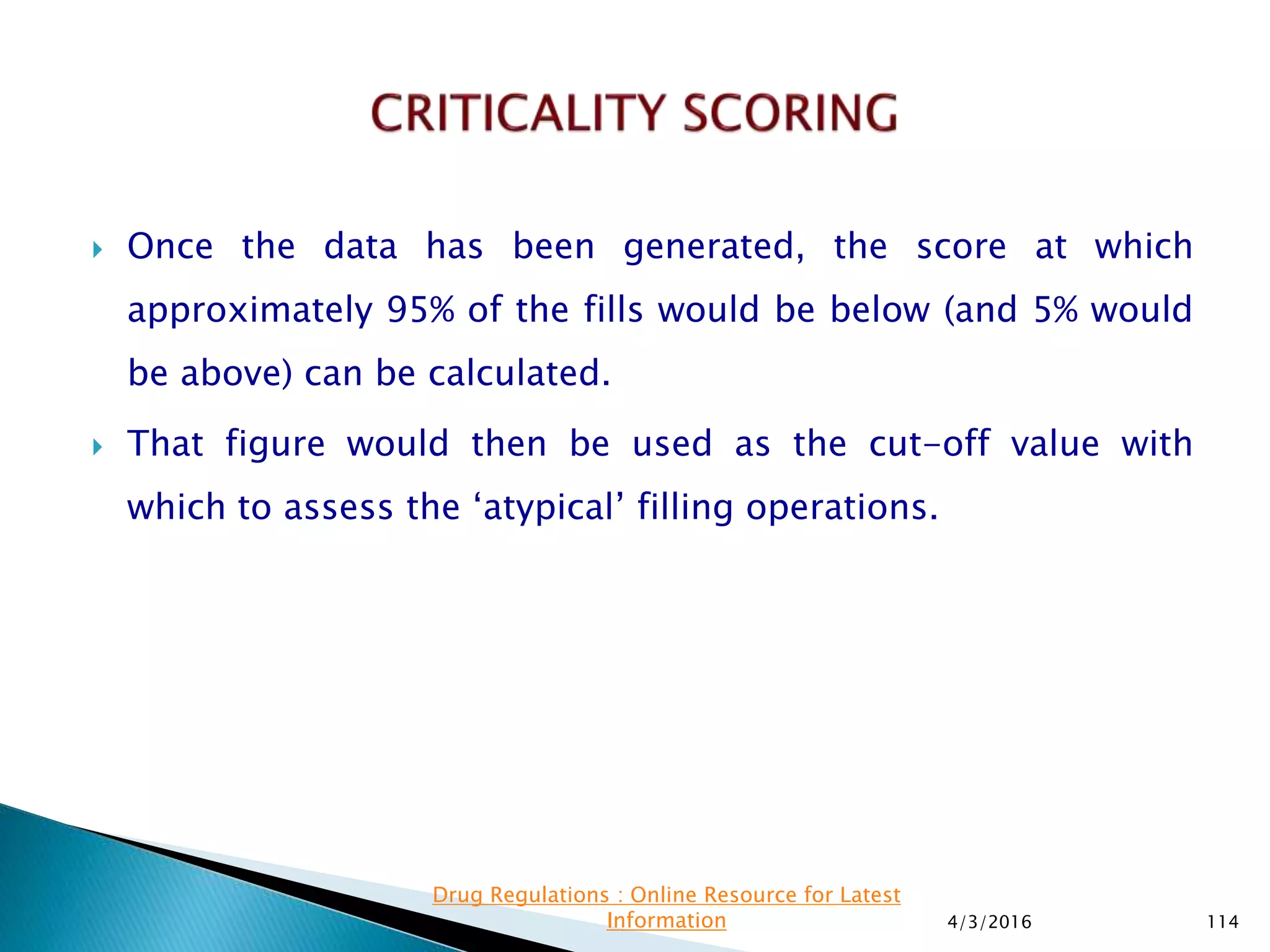  Once the data has been generated, the score at which
approximately 95% of the fills would be below (and 5% would
be above) can be calculated.
 That figure would then be used as the cut-off value with
which to assess the ‘atypical’ filling operations.
4/3/2016 114
Drug Regulations : Online Resource for Latest
Information
 