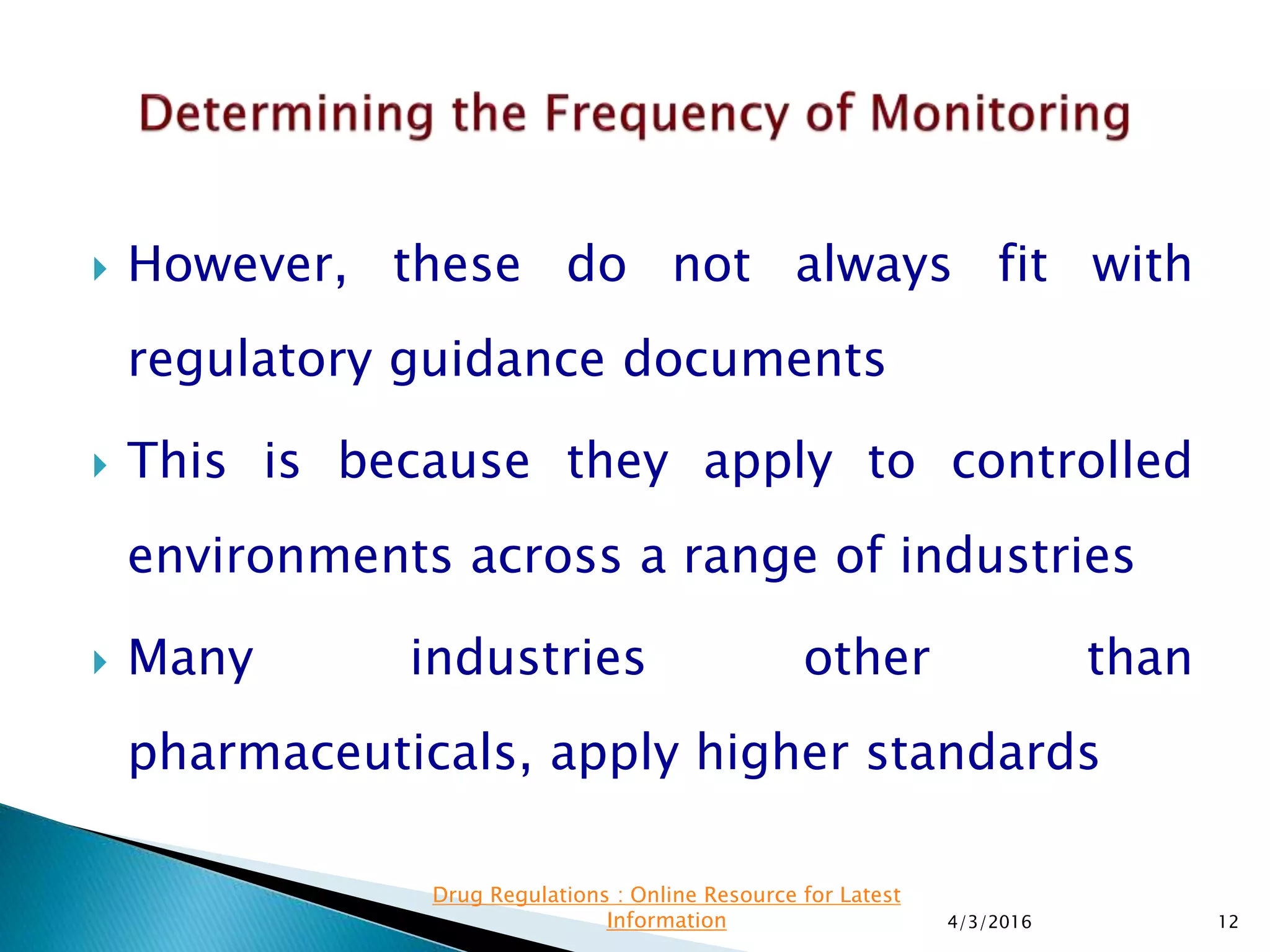  However, these do not always fit with
regulatory guidance documents
 This is because they apply to controlled
environments across a range of industries
 Many industries other than
pharmaceuticals, apply higher standards
4/3/2016 12
Drug Regulations : Online Resource for Latest
Information
 
