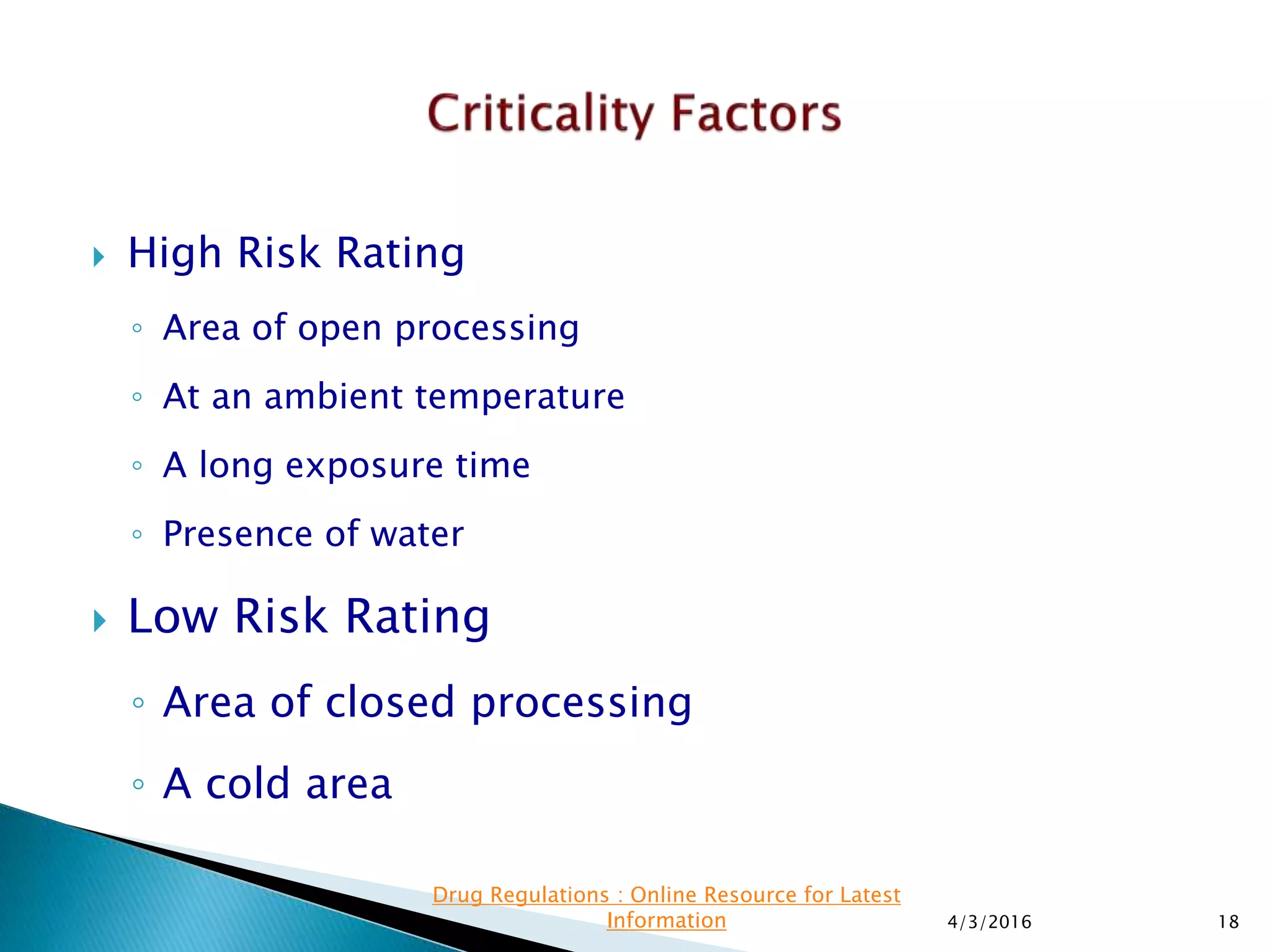  High Risk Rating
◦ Area of open processing
◦ At an ambient temperature
◦ A long exposure time
◦ Presence of water
 Low Risk Rating
◦ Area of closed processing
◦ A cold area
4/3/2016 18
Drug Regulations : Online Resource for Latest
Information
 