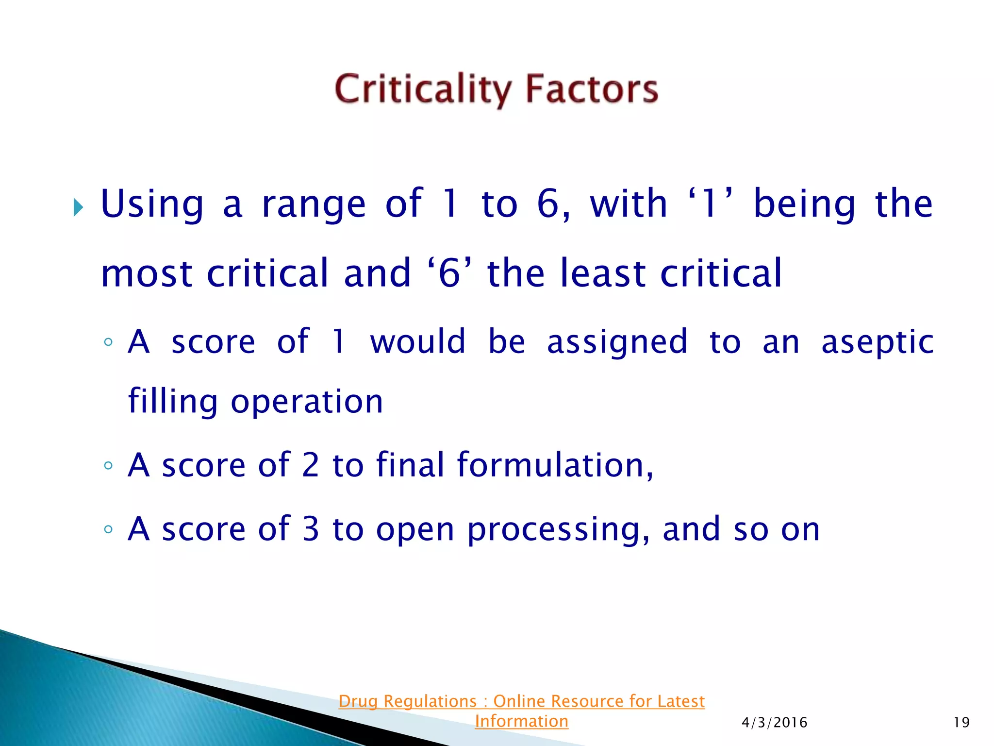  Using a range of 1 to 6, with ‘1’ being the
most critical and ‘6’ the least critical
◦ A score of 1 would be assigned to an aseptic
filling operation
◦ A score of 2 to final formulation,
◦ A score of 3 to open processing, and so on
4/3/2016 19
Drug Regulations : Online Resource for Latest
Information
 