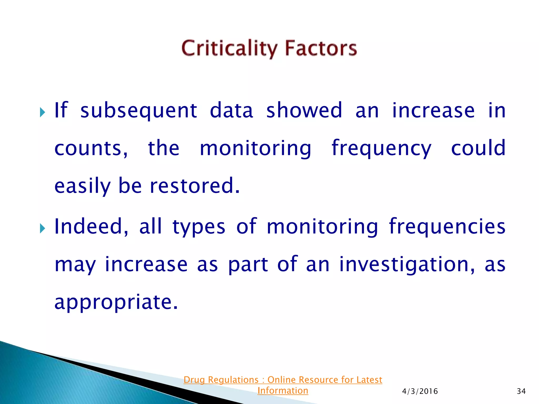  If subsequent data showed an increase in
counts, the monitoring frequency could
easily be restored.
 Indeed, all types of monitoring frequencies
may increase as part of an investigation, as
appropriate.
4/3/2016 34
Drug Regulations : Online Resource for Latest
Information
 