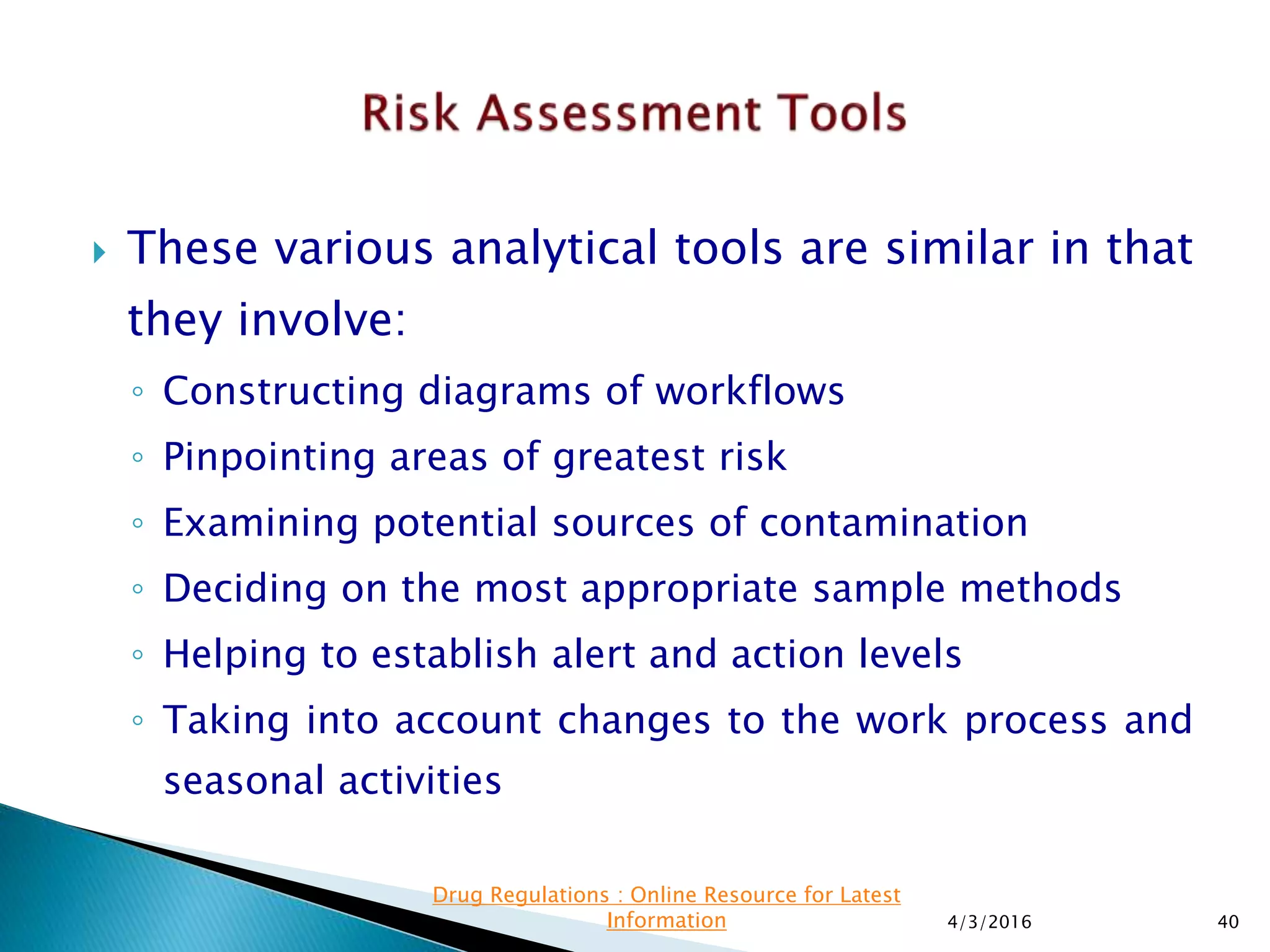  These various analytical tools are similar in that
they involve:
◦ Constructing diagrams of workflows
◦ Pinpointing areas of greatest risk
◦ Examining potential sources of contamination
◦ Deciding on the most appropriate sample methods
◦ Helping to establish alert and action levels
◦ Taking into account changes to the work process and
seasonal activities
4/3/2016 40
Drug Regulations : Online Resource for Latest
Information
 