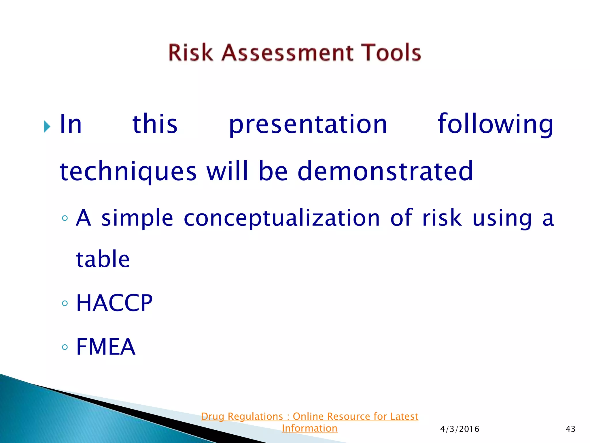  In this presentation following
techniques will be demonstrated
◦ A simple conceptualization of risk using a
table
◦ HACCP
◦ FMEA
4/3/2016 43
Drug Regulations : Online Resource for Latest
Information
 