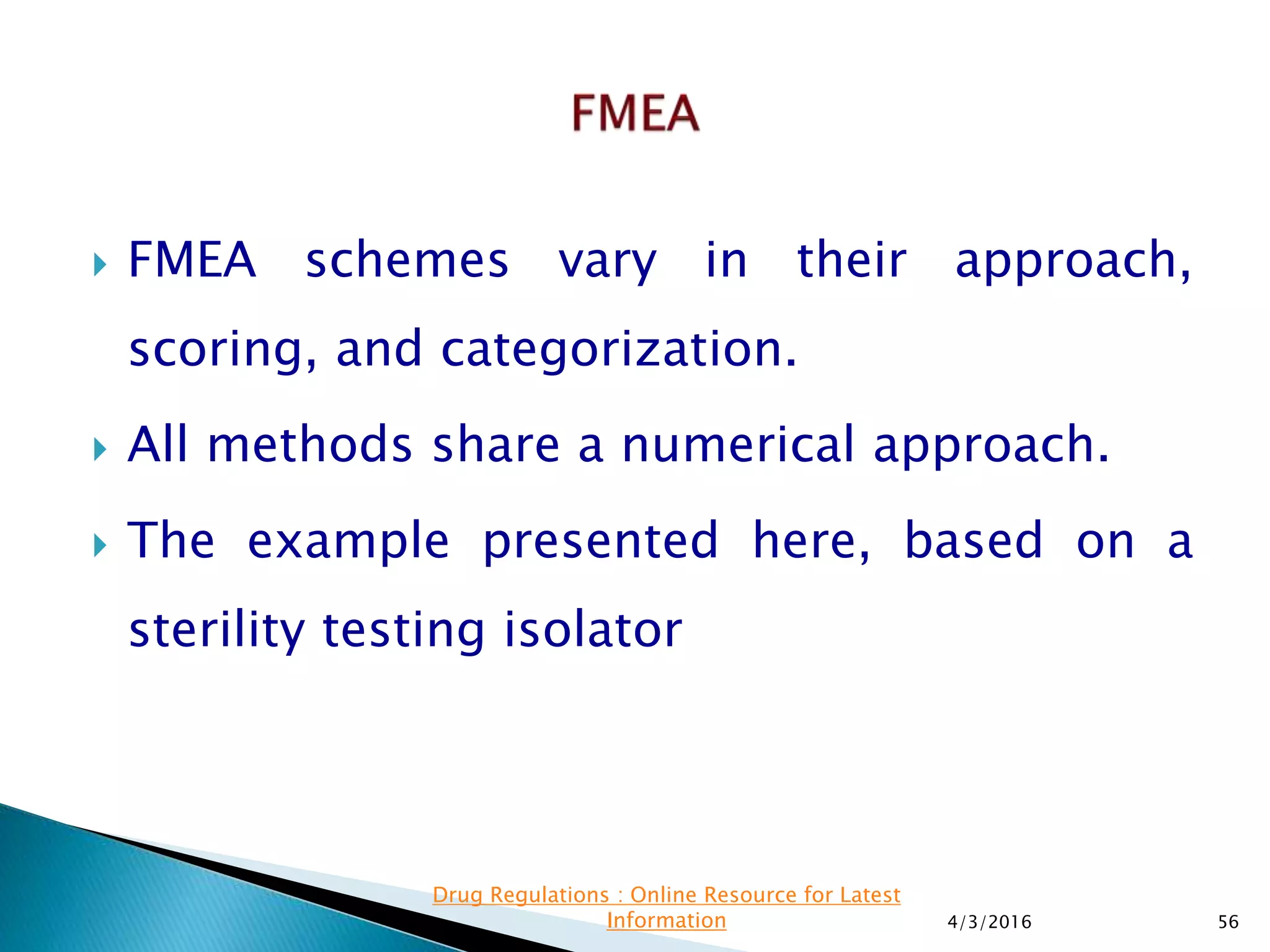  FMEA schemes vary in their approach,
scoring, and categorization.
 All methods share a numerical approach.
 The example presented here, based on a
sterility testing isolator
4/3/2016 56
Drug Regulations : Online Resource for Latest
Information
 