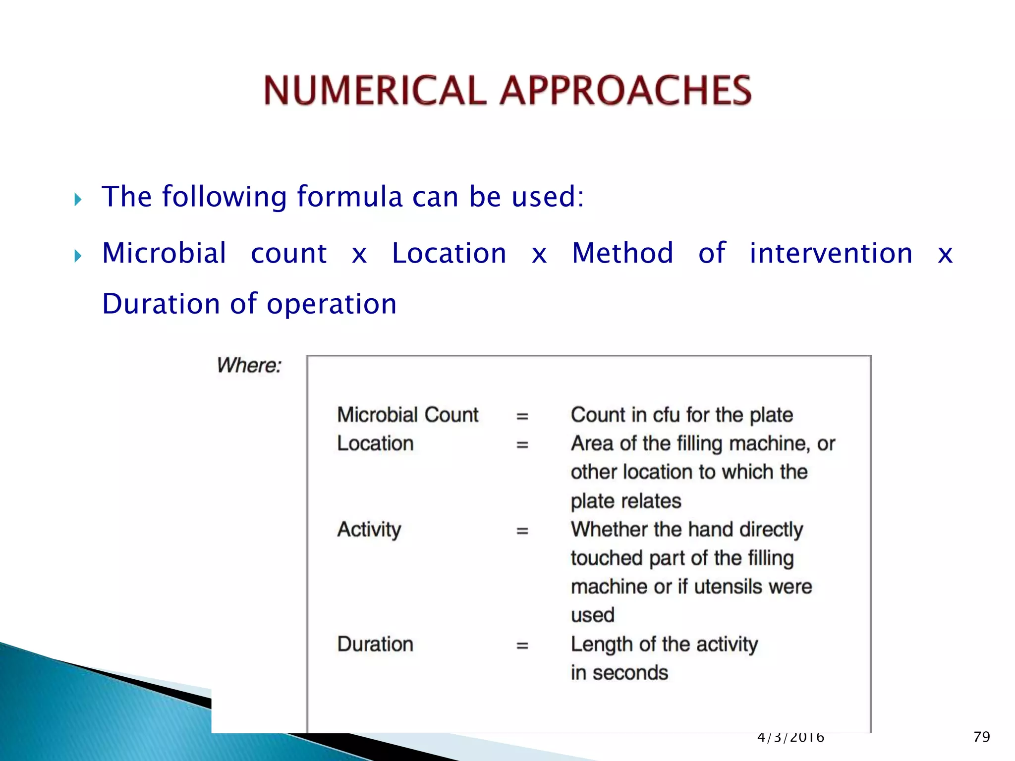  The following formula can be used:
 Microbial count x Location x Method of intervention x
Duration of operation
4/3/2016 79
 