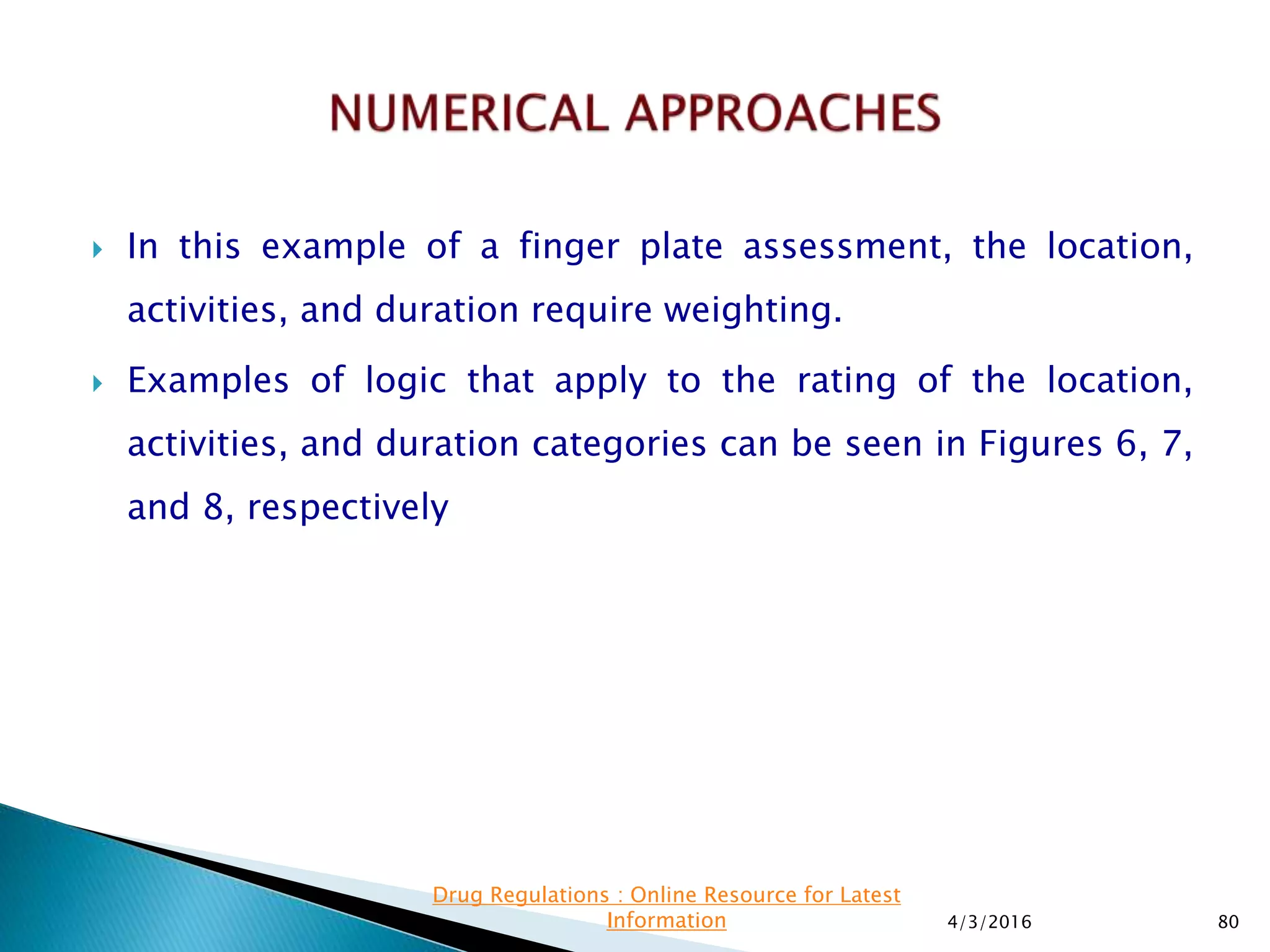  In this example of a finger plate assessment, the location,
activities, and duration require weighting.
 Examples of logic that apply to the rating of the location,
activities, and duration categories can be seen in Figures 6, 7,
and 8, respectively
4/3/2016 80
Drug Regulations : Online Resource for Latest
Information
 