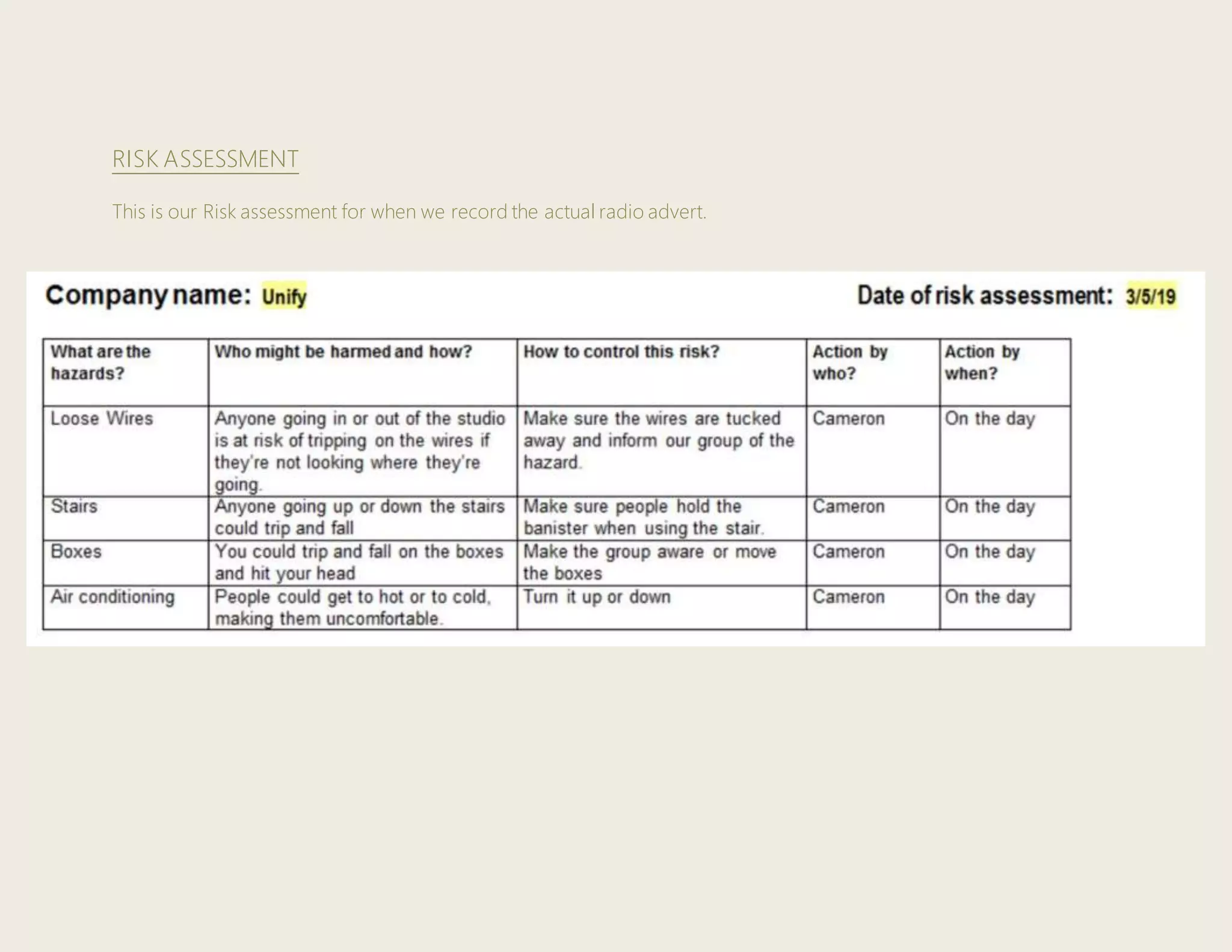 RISK ASSESSMENT
This is our Risk assessment for when we record the actual radio advert.