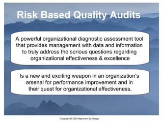 Risk Based Quality Audits Is a new and exciting weapon in an organization’s  arsenal for performance improvement and in  their quest for organizational effectiveness. A powerful organizational diagnostic assessment tool  that provides management with data and information  to truly address the serious questions regarding  organizational effectiveness & excellence 