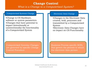 Change Control
What is a Change to a Computerized System?
Computerized Systems Change Electronic Data Change
•Change to CS Hardware,
software or system parameters
•Changes that have potential to
impact (intentionally or
unintentionally) the functionality
of a Computerized System
•Changes to the Electronic Data
created, held, processes and
transmitted by a Computerized
System
•Electronic Data Changes have
no impact on CS Functionality
Computerized Systems Changes
are governed by specific Change
Control Procedure
Business Process specific SOPs
that govern the process to which
the electronic data pertain
Katalyst Healthcares & Life Sciences
www.KatalystHLS.com
37
 
