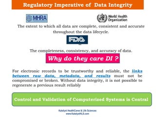 Regulatory Imperative of Data Integrity
The extent to which all data are complete, consistent and accurate
throughout the data lifecycle.
–
The completeness, consistency, and accuracy of data.
Why do they care DI ?
For electronic records to be trustworthy and reliable, the links
between raw data, metadata, and results must not be
compromised or broken. Without data integrity, it is not possible to
regenerate a previous result reliably
Control and Validation of Computerized Systems is Central
Katalyst HealthCares & Life Sciences
www.KatalystHLS.com
 