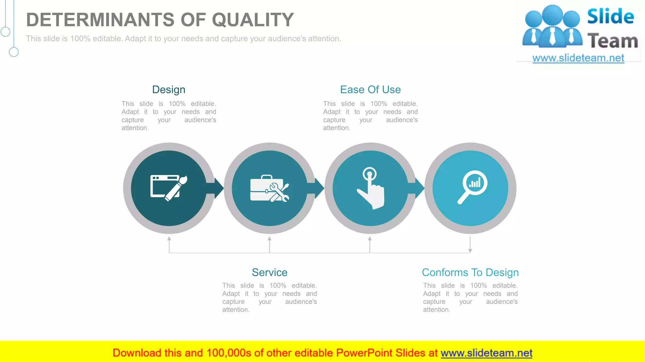 This slide is 100% editable.
Adapt it to your needs and
capture your audience's
attention.
Design
This slide is 100% editable.
Adapt it to your needs and
capture your audience's
attention.
Ease Of Use
This slide is 100% editable.
Adapt it to your needs and
capture your audience's
attention.
Conforms To Design
This slide is 100% editable.
Adapt it to your needs and
capture your audience's
attention.
Service
31
DETERMINANTS OF QUALITY
This slide is 100% editable. Adapt it to your needs and capture your audience's attention.
 