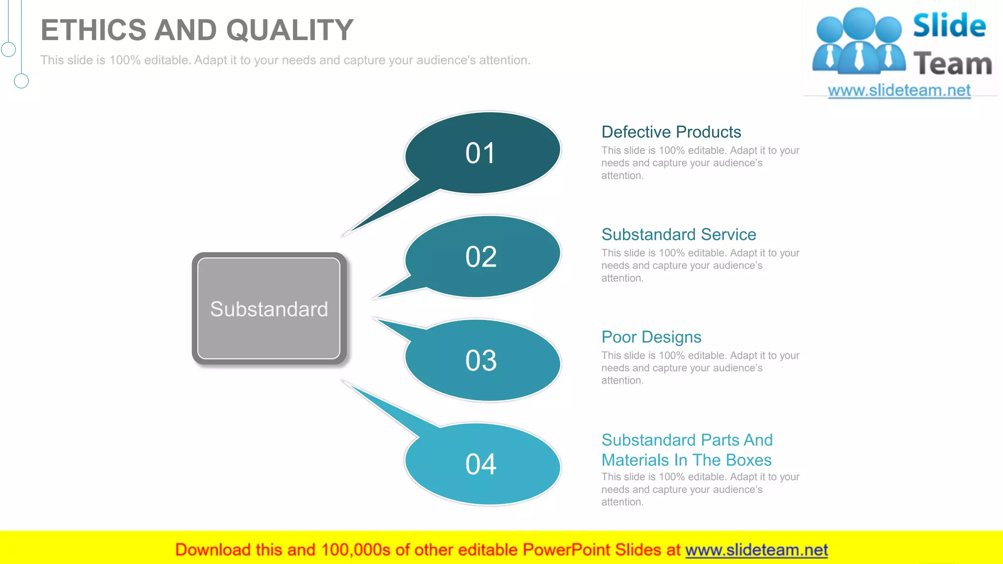 Defective Products
This slide is 100% editable. Adapt it to your
needs and capture your audience’s
attention.
Substandard Service
This slide is 100% editable. Adapt it to your
needs and capture your audience’s
attention.
Poor Designs
This slide is 100% editable. Adapt it to your
needs and capture your audience’s
attention.
Substandard Parts And
Materials In The Boxes
This slide is 100% editable. Adapt it to your
needs and capture your audience’s
attention.
03
02
04
01
Substandard
37
ETHICS AND QUALITY
This slide is 100% editable. Adapt it to your needs and capture your audience's attention.
 