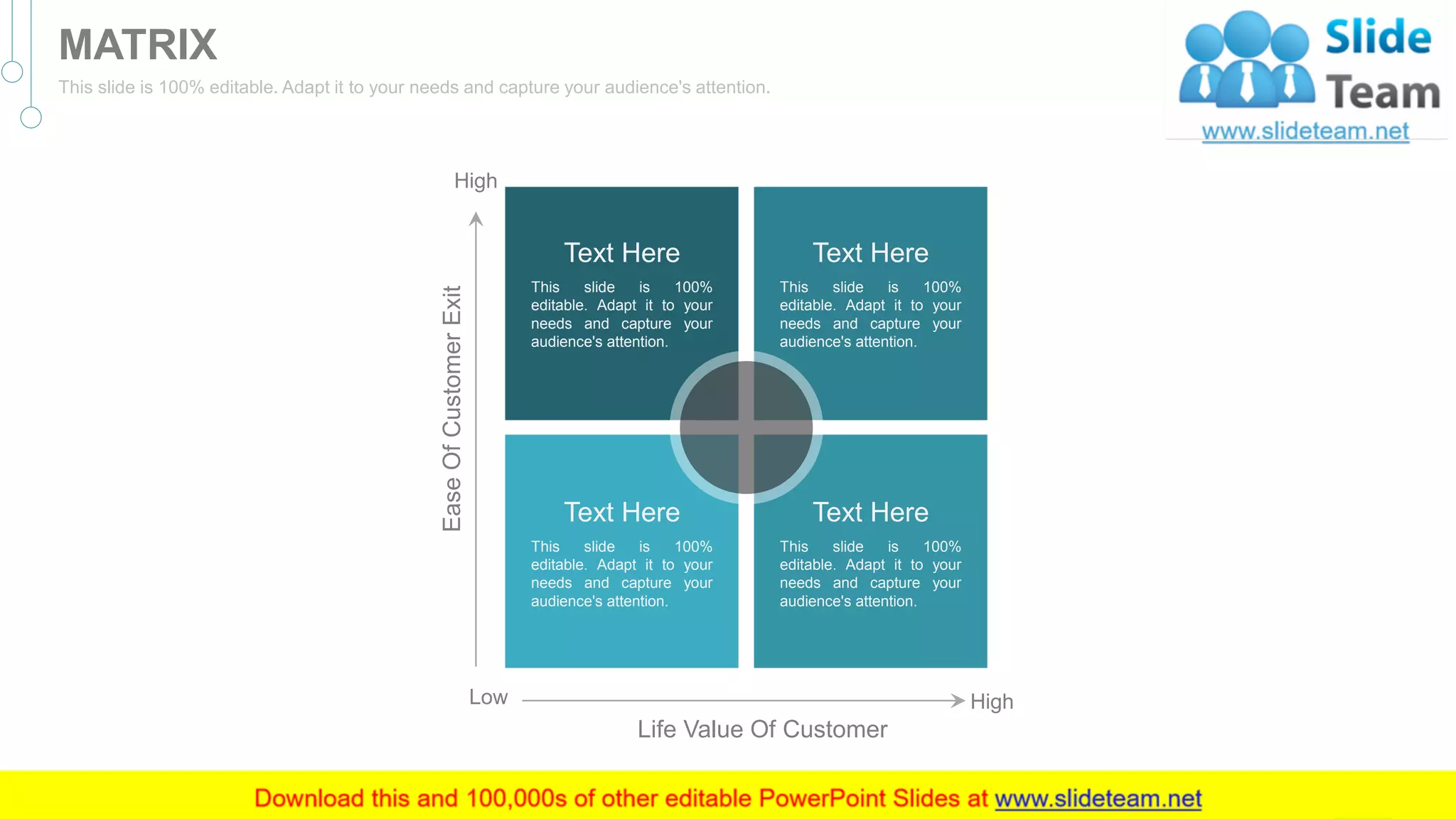 EaseOfCustomerExit
Low
High
Life Value Of Customer
High
This slide is 100%
editable. Adapt it to your
needs and capture your
audience's attention.
Text Here
This slide is 100%
editable. Adapt it to your
needs and capture your
audience's attention.
Text Here
This slide is 100%
editable. Adapt it to your
needs and capture your
audience's attention.
Text Here
This slide is 100%
editable. Adapt it to your
needs and capture your
audience's attention.
Text Here
53
MATRIX
This slide is 100% editable. Adapt it to your needs and capture your audience's attention.
 