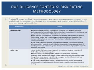 2. Product/Transaction Risk – Banking products and transaction types vary significantly in the
level of AML risk they represent. Categorizing the products and services offered helps identify
those that posing higher AML risk.
DUE DILIGENCE CONTROLS: RISK RATING
METHODOLOGY
13
Risk Indicator Example
Transaction Types • International Wire Transfers - Customers that exceed the 90th percentile of number
and/or aggregate florin or dollar value of international wire transactions within their peer group
(e.g., individual, small business, and large business accounts)
• High Cash Users - Customers that exceed the 90th percentile of number and/or aggregate
florin or dollar value of cash transactions within their peer group (e.g., individual, small
business, and large business accounts). Alternatively, can be based on the number of
currency reports filed
• Other higher-risk transaction types including internet banking, transactions in which the
primary beneficiary or counterparty is undisclosed, transactions involving large amounts of
monetary instruments, and certain types of electronic transactions. All present risk due to the
anonymity they provide
Product Types • Large number of different product types held by a customer. Allows for movement of
funds and complex transactional patterns
• Private Banking – can pose higher AML risk because of the variety, complexity,
geographic scope, and high florin or dollar value of many transactions typically taking place
through these accounts under especially high privacy and confidentiality circumstances;
also, greater customer service can increase risk
• Other higher-risk banking functions incl. offshore international activity, deposit-taking
facilities, pouch activity (as opposed to domestic courier), and international correspondent
banking
Copyright © 2012 Simon Legal & Compliance. All rights reserved.
 