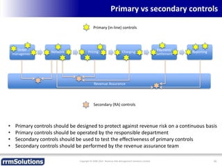 Primary vs secondary controls
Copyright © 2008-2014 Revenue Risk Management Solutions Limited 16
Order
management
Network Pricing Charging
Payment/
Settlement
Reporting
Primary (in-line) controls
Secondary (RA) controls
Revenue Assurance
• Primary controls should be designed to protect against revenue risk on a continuous basis
• Primary controls should be operated by the responsible department
• Secondary controls should be used to test the effectiveness of primary controls
• Secondary controls should be performed by the revenue assurance team
 