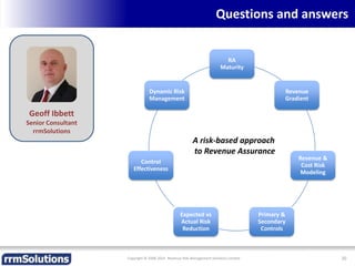 Questions and answers
Copyright © 2008-2014 Revenue Risk Management Solutions Limited 20
Geoff Ibbett
Senior Consultant
rrmSolutions
RA
Maturity
Revenue
Gradient
Revenue &
Cost Risk
Modeling
Primary &
Secondary
Controls
Expected vs
Actual Risk
Reduction
Control
Effectiveness
Dynamic Risk
Management
A risk-based approach
to Revenue Assurance
 