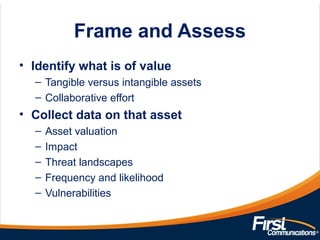 Frame and Assess
• Identify what is of value
– Tangible versus intangible assets
– Collaborative effort
• Collect data on that asset
– Asset valuation
– Impact
– Threat landscapes
– Frequency and likelihood
– Vulnerabilities
 