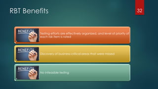 RBT Benefits 32
Testing efforts are effectively organized, and level of priority of
each risk item is rated
Discovery of business-critical areas that were missed
No infeasible testing
 