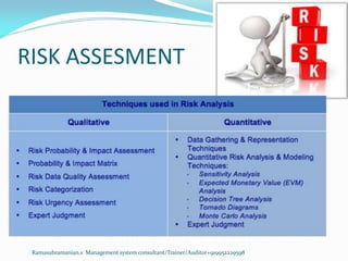 RISK ASSESMENT
Ramasubramanian.s Management system consultant/Trainer/Auditor+919952229598
 